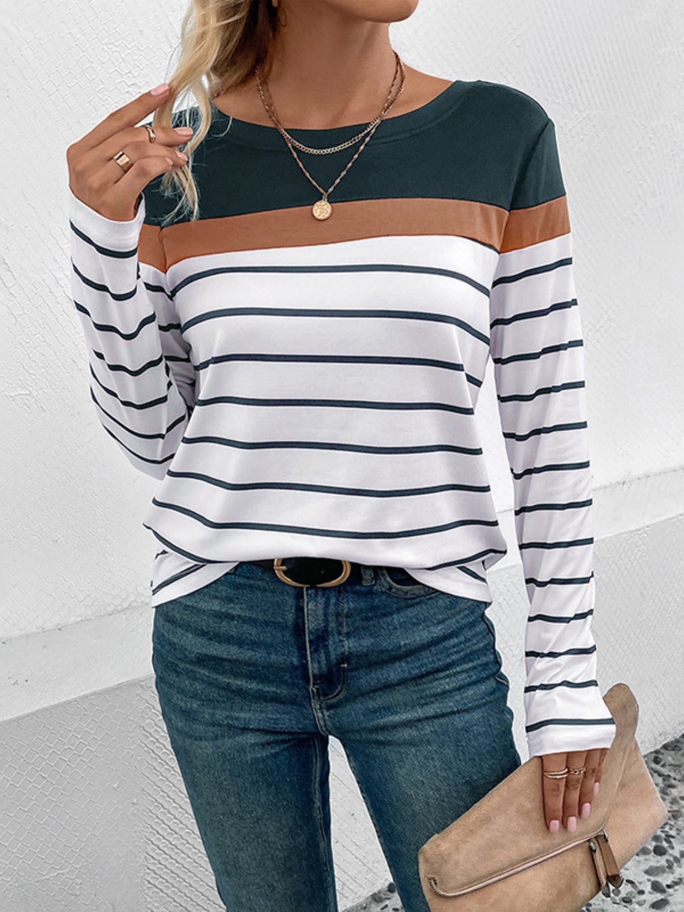 Women's Striped Color Block T-Shirt - Casual Long Sleeve Top