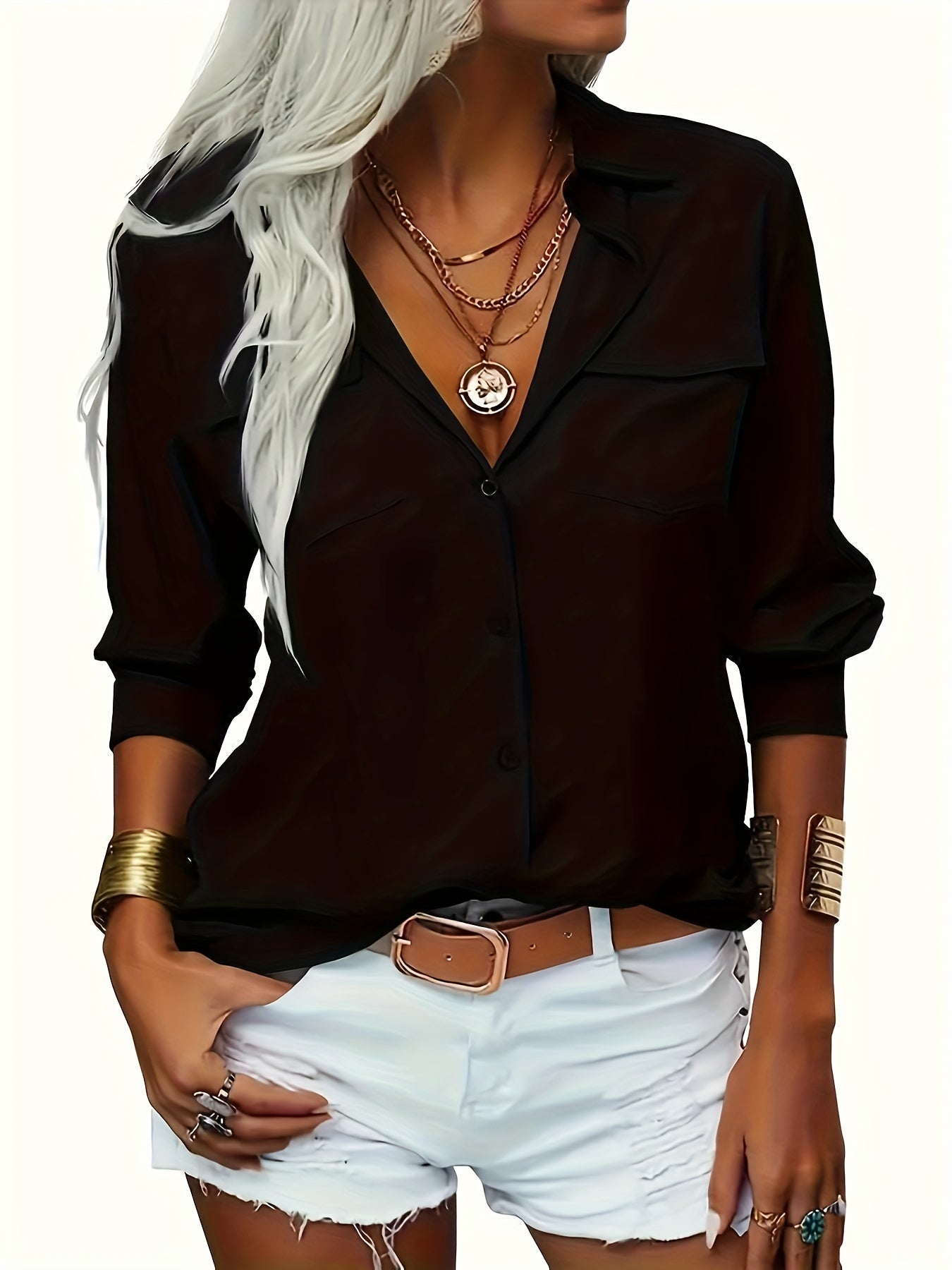 Solid Lapel Long Sleeves Button Down Shirt Top Casual Basic Office Blouse