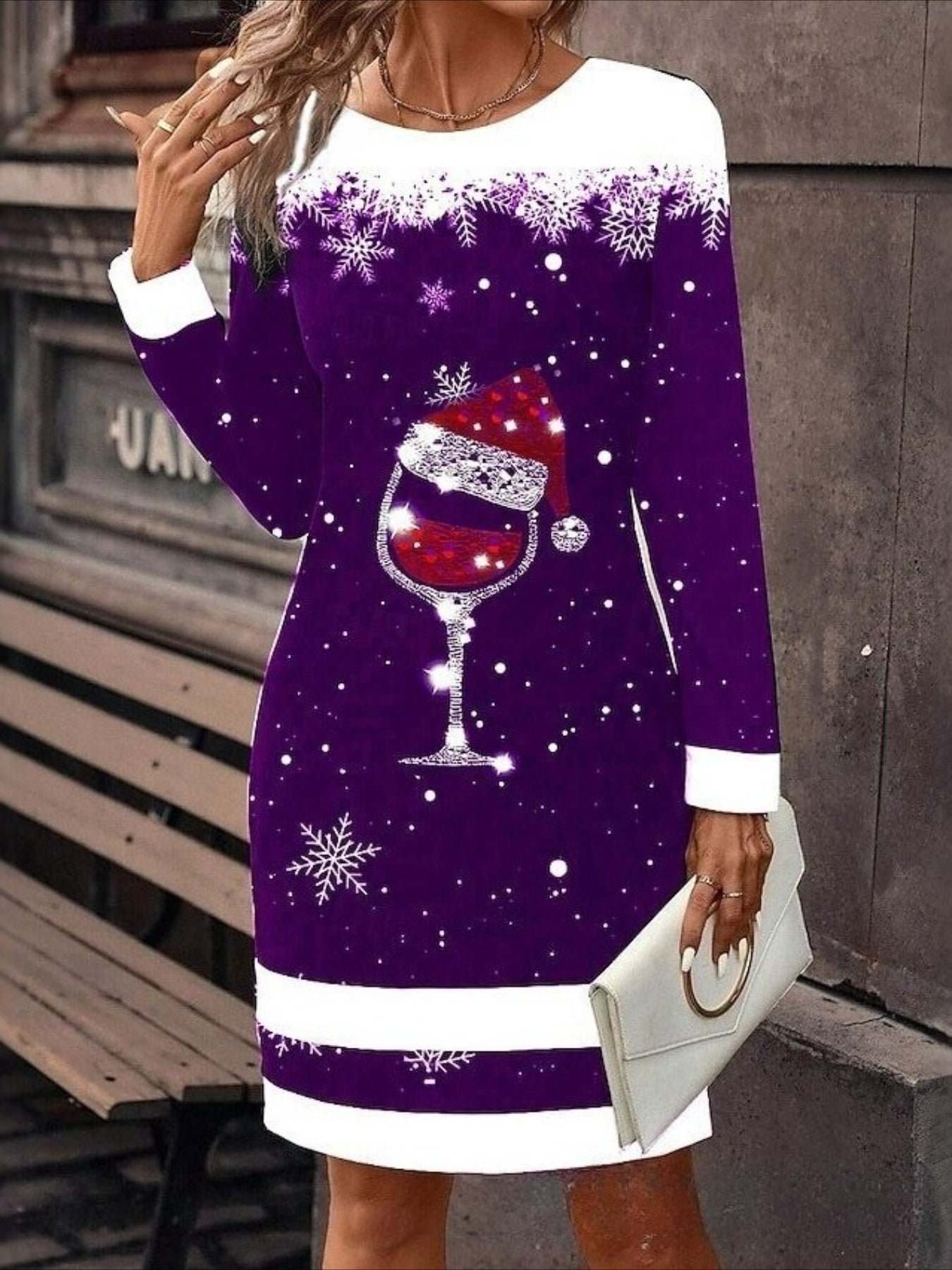 Creative Retro Printing Comfortable Soft Crew Neck Hip Wrap Knitted Sweater Dress