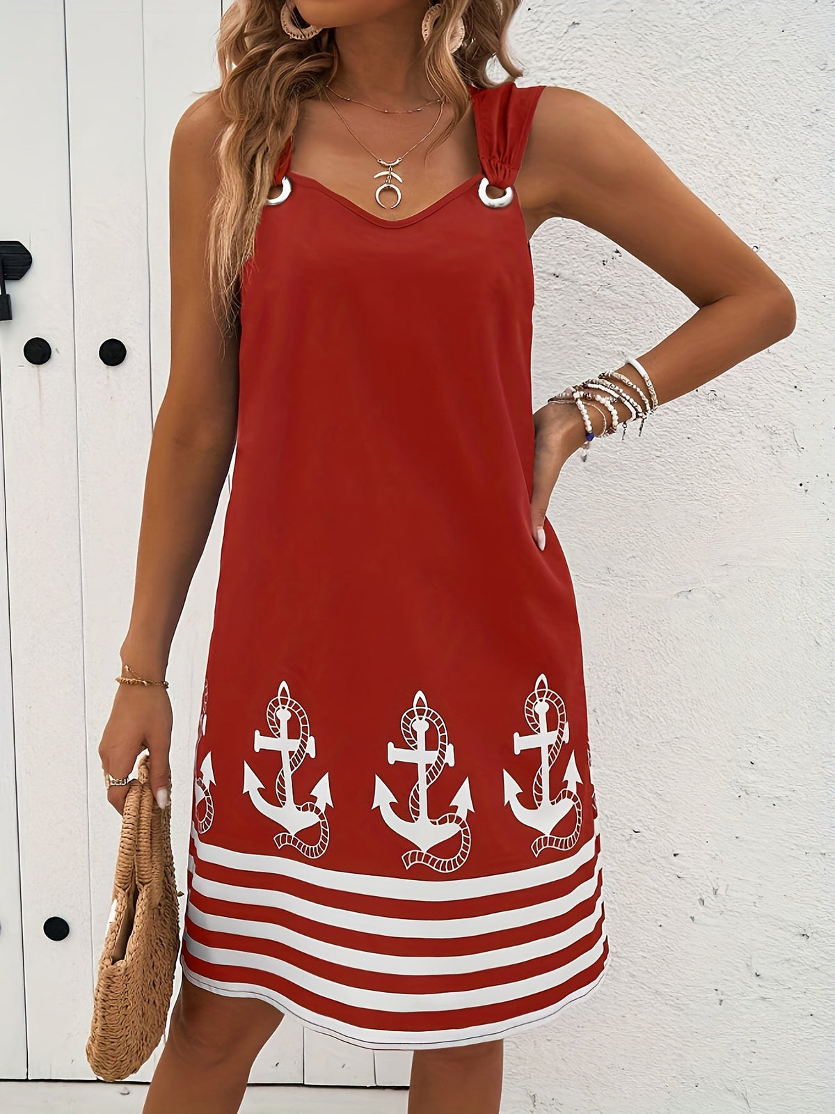 Floral & Striped Print Sleeveless V-Neck Dress