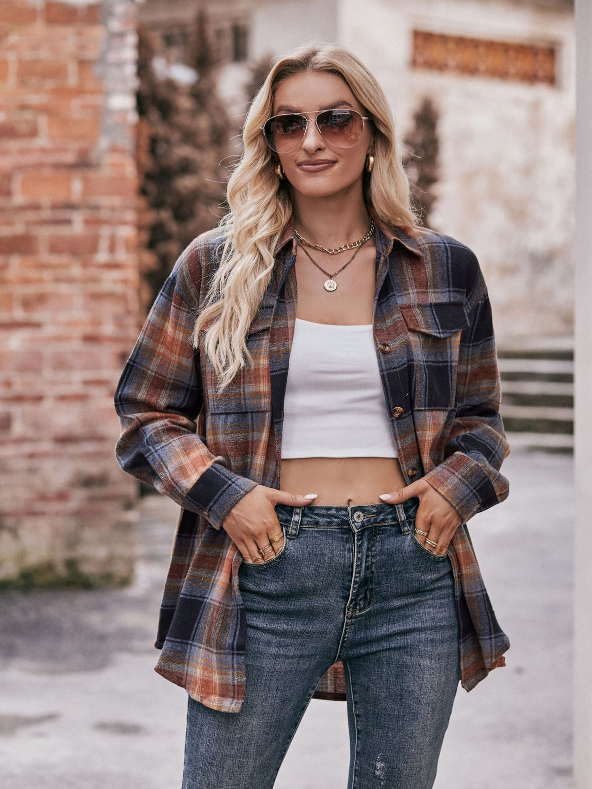 Plaid Print Polo Collar Button Shirt, Casual Long Sleeve Shirt