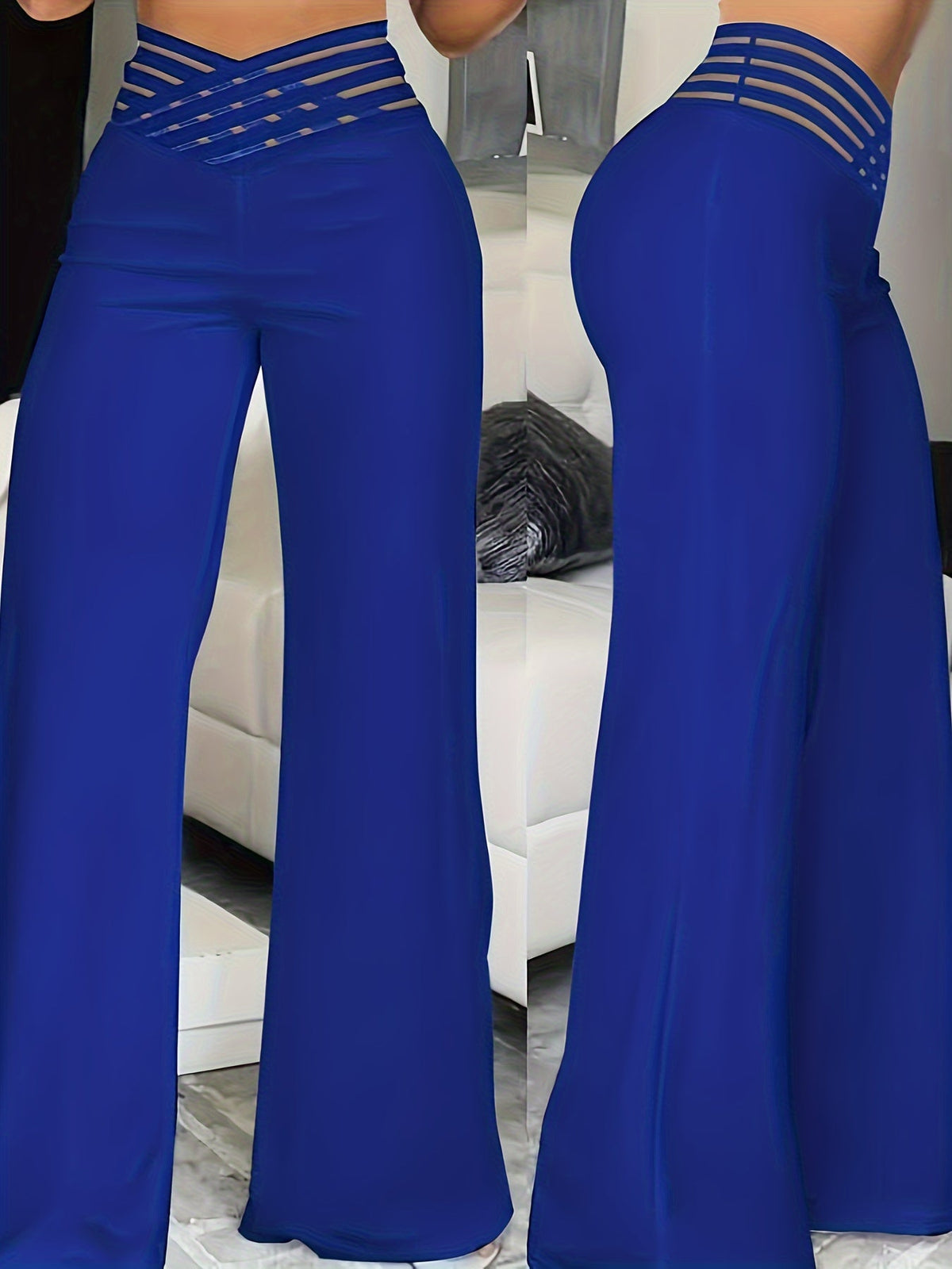 Elegant High-Waist Cross Detail Transparent Mesh Patchwork Pants