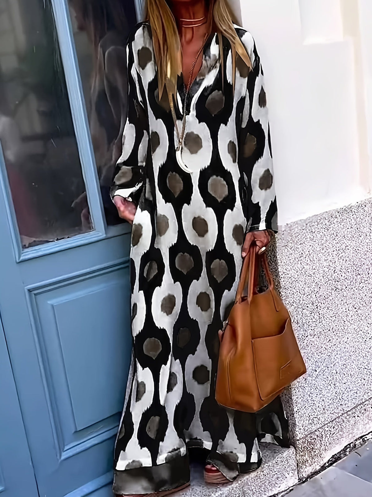 Graphic Print Split Dress, Vintage V Neck Long Sleeve Maxi Dress
