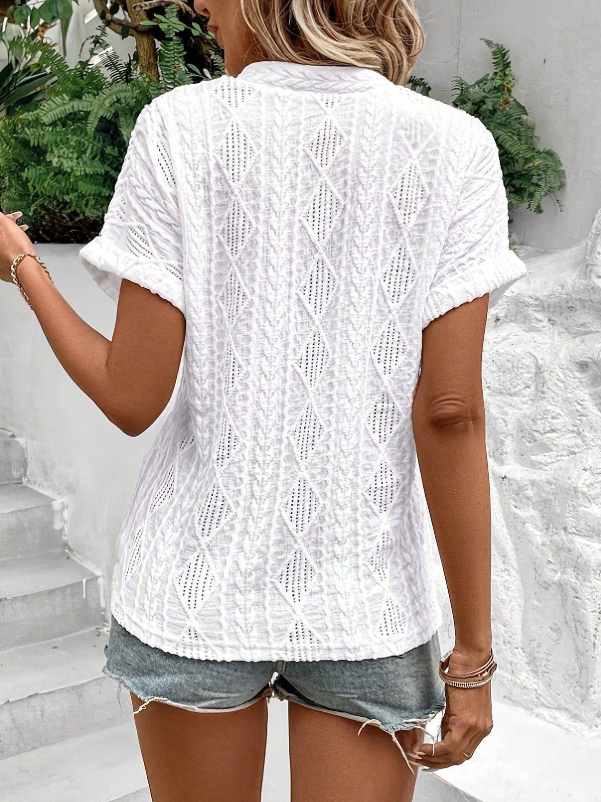 Geo Pattern Notched Neck T-Shirt, Elegant Short Sleeve Textured T-Shirt