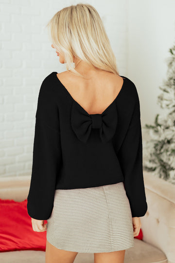 Black Bow Backless Bubble Sleeve Sweater