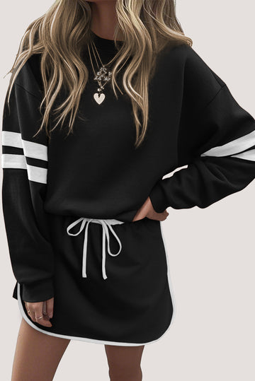 Black Varsity Stripe Detail Drop Shoulder Pullover Mini Skirt Set