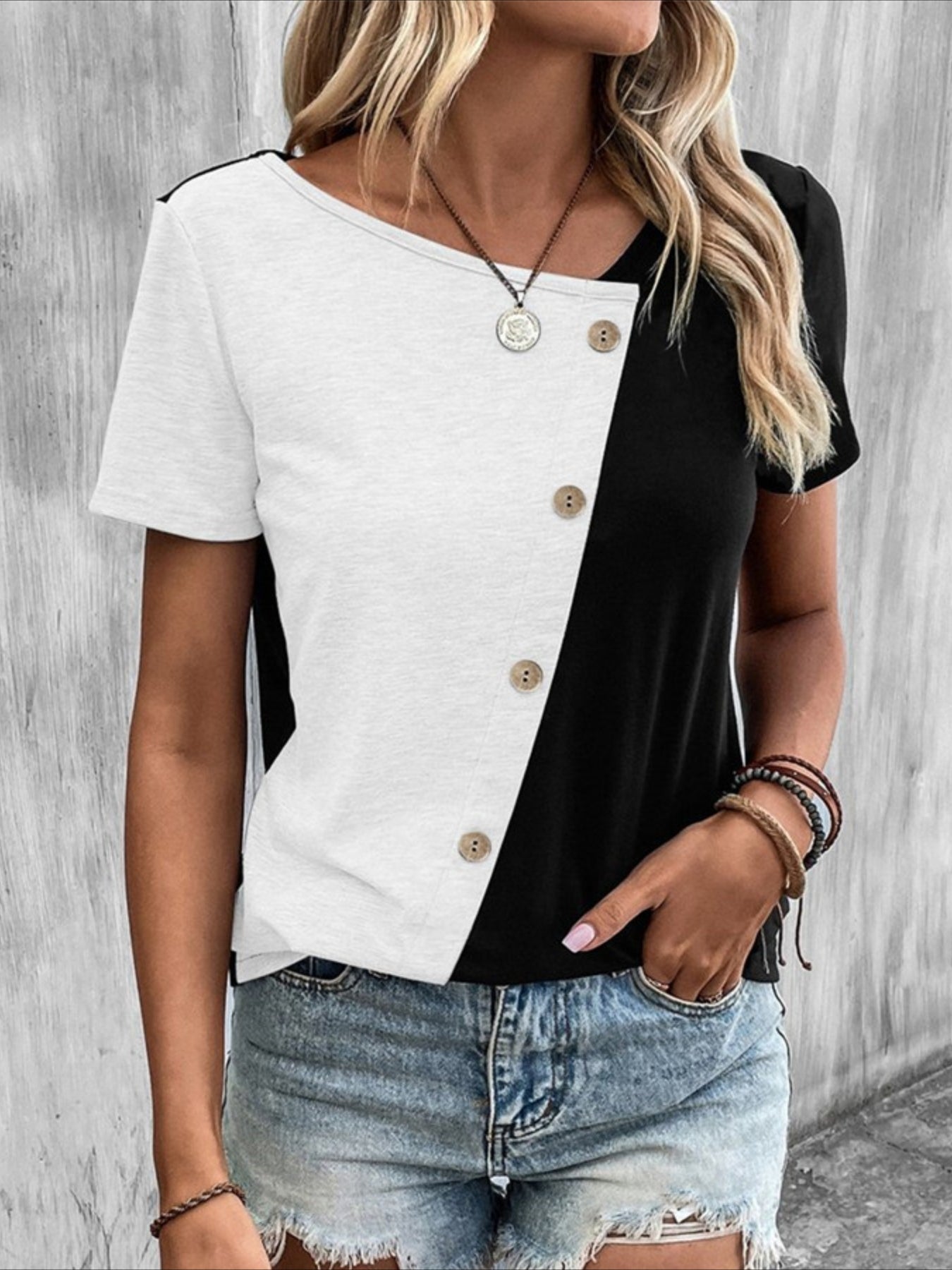 Color Block Asymmetrical Neck T-Shirt - Casual Short Sleeve Top