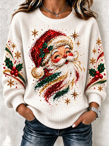 Vintage Santa Claus Print Waffle Knit Christmas Sweatshirt