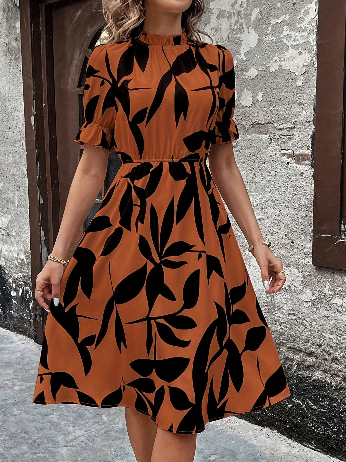 Leaf Print Mock Neck Dress, Elegant Short Sleeve Ruffle Cuff Back Keyhole A-line Dress