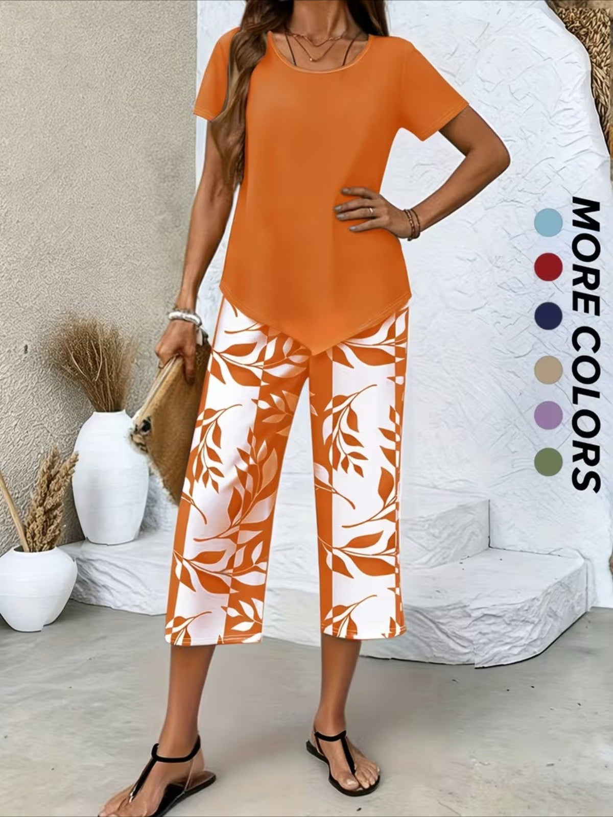 Solid Round Neck Short Sleeve Top With Floral Printing Pants Casual Two-Piece Set