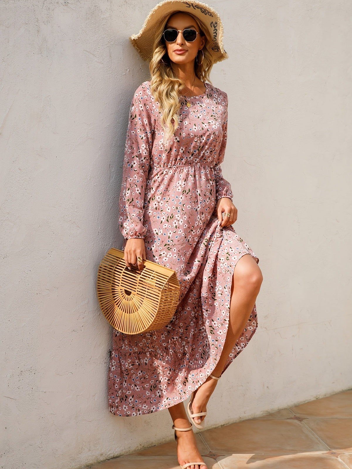 Bohemian Flowy Ruffle Long Dress, Casual Floral Print Long Sleeve Crew Neck Waist Long Dresses