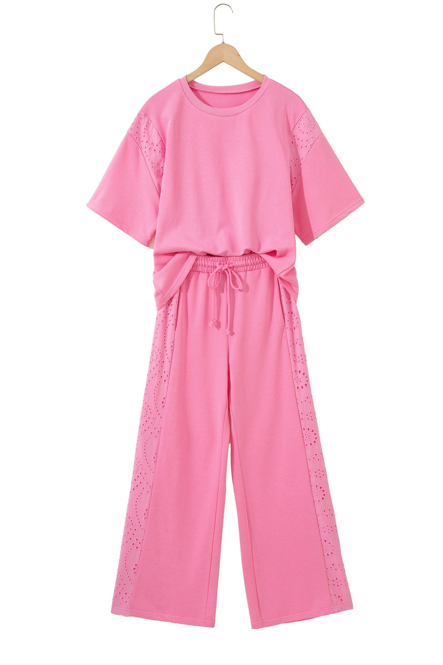 Sachet Pink Lace Patchwork Half Sleeve Top Elastic Waist Pants Two Piece Set