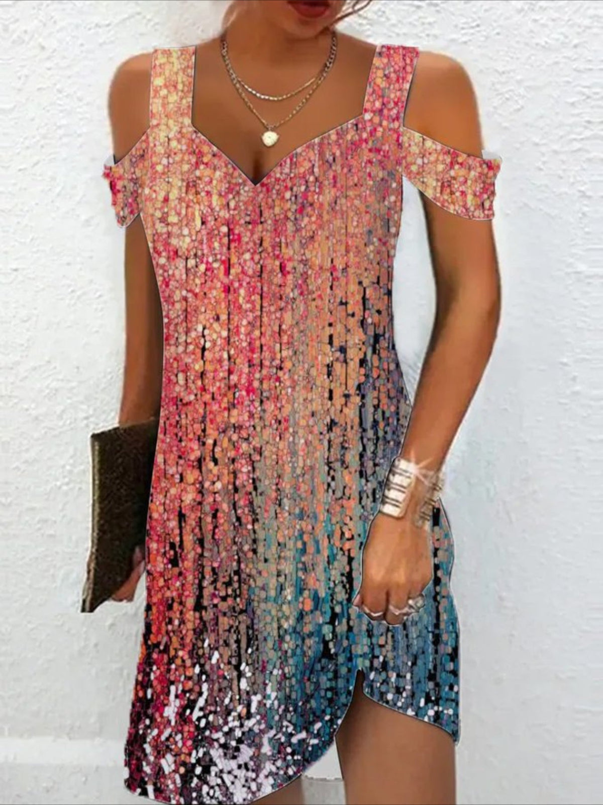 Chic Blossom Cold-Shoulder Dress, Effortless V-Neck Fit, Short Sleeves, Perfect for Casual Outings