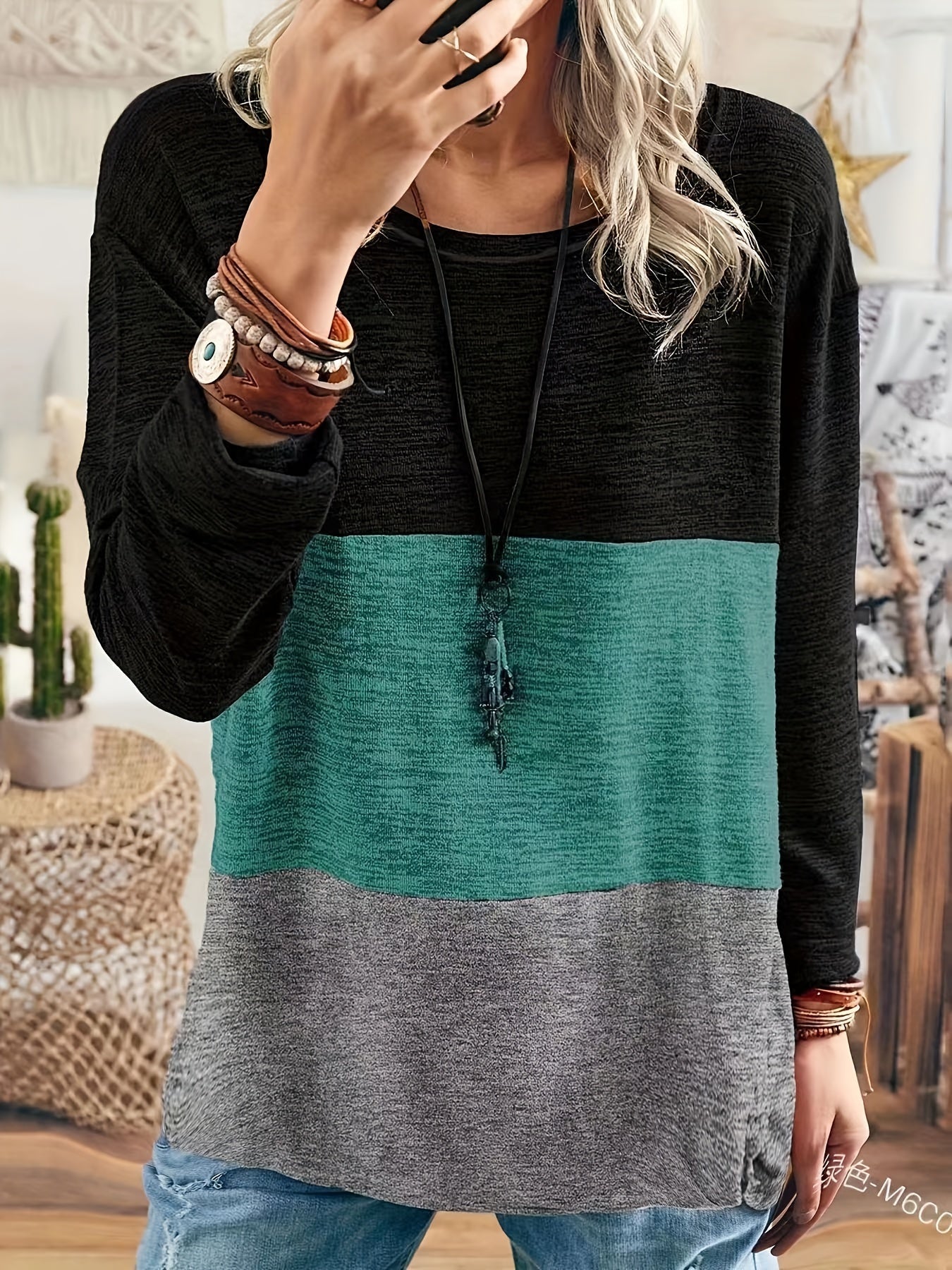 Women's Colorblock Long Sleeve Round Neck Medium Stretch Top