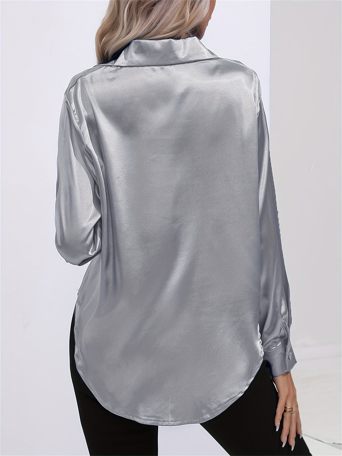 Lapel-collar Satin-satin-faux Silk Long-sleeved Shirt