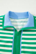 Bright Green Textured Stripe Print Contrast Trim Zip Collar Sleeveless 2pcs Skort Set