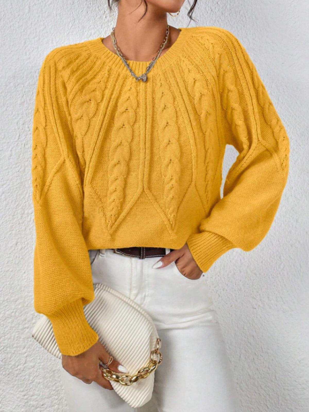 Casual Pullover Chic Knit Lantern Sleeves & Ruffle Detail Sweater
