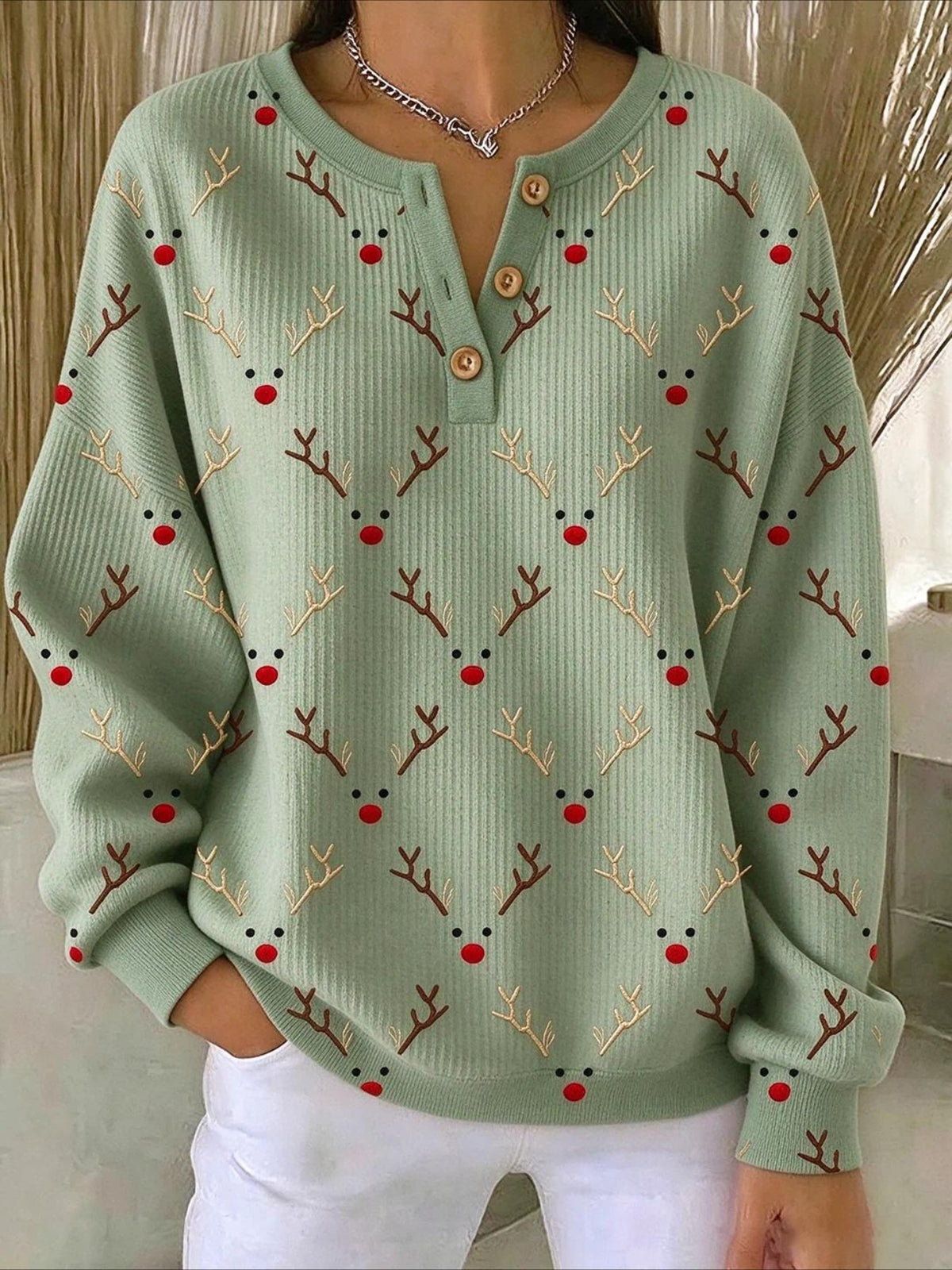 Christmas Vintage Buckle Henley Collar Sweatshirt