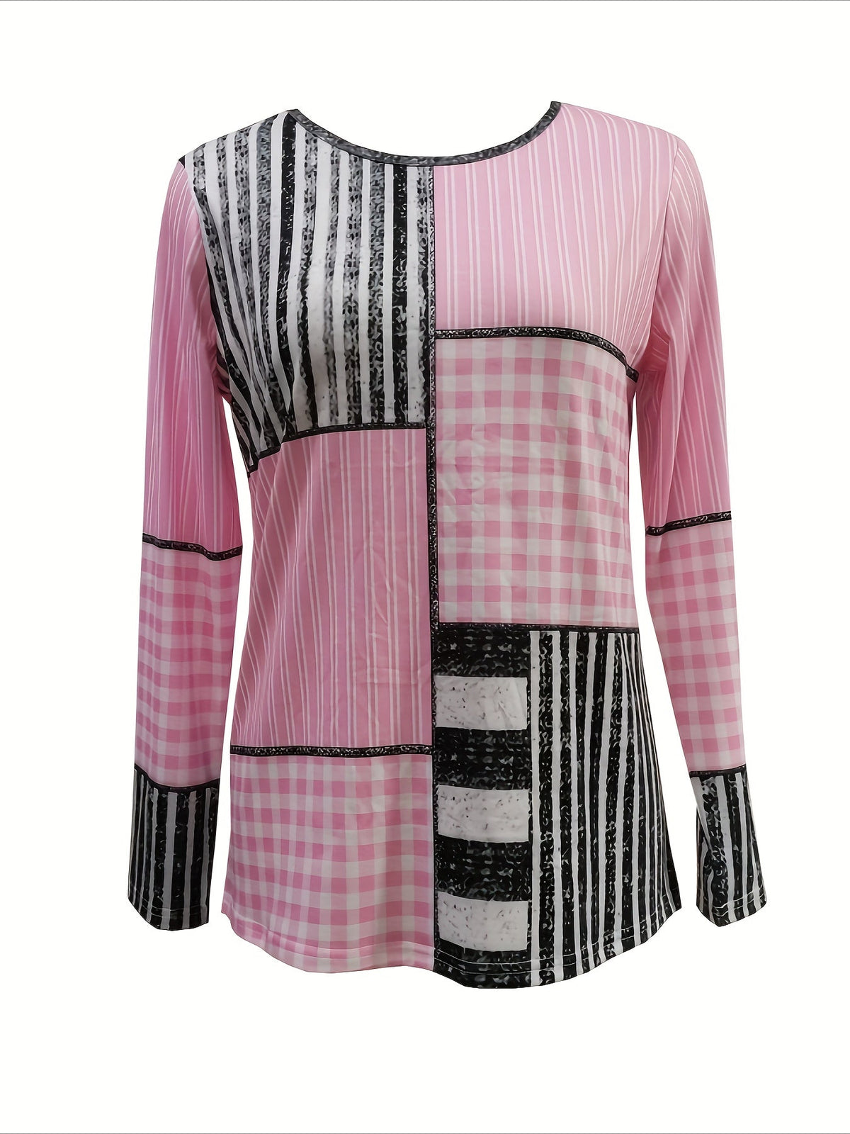 Elegant Color Block Print Crew Neck Long Sleeve T-Shirt