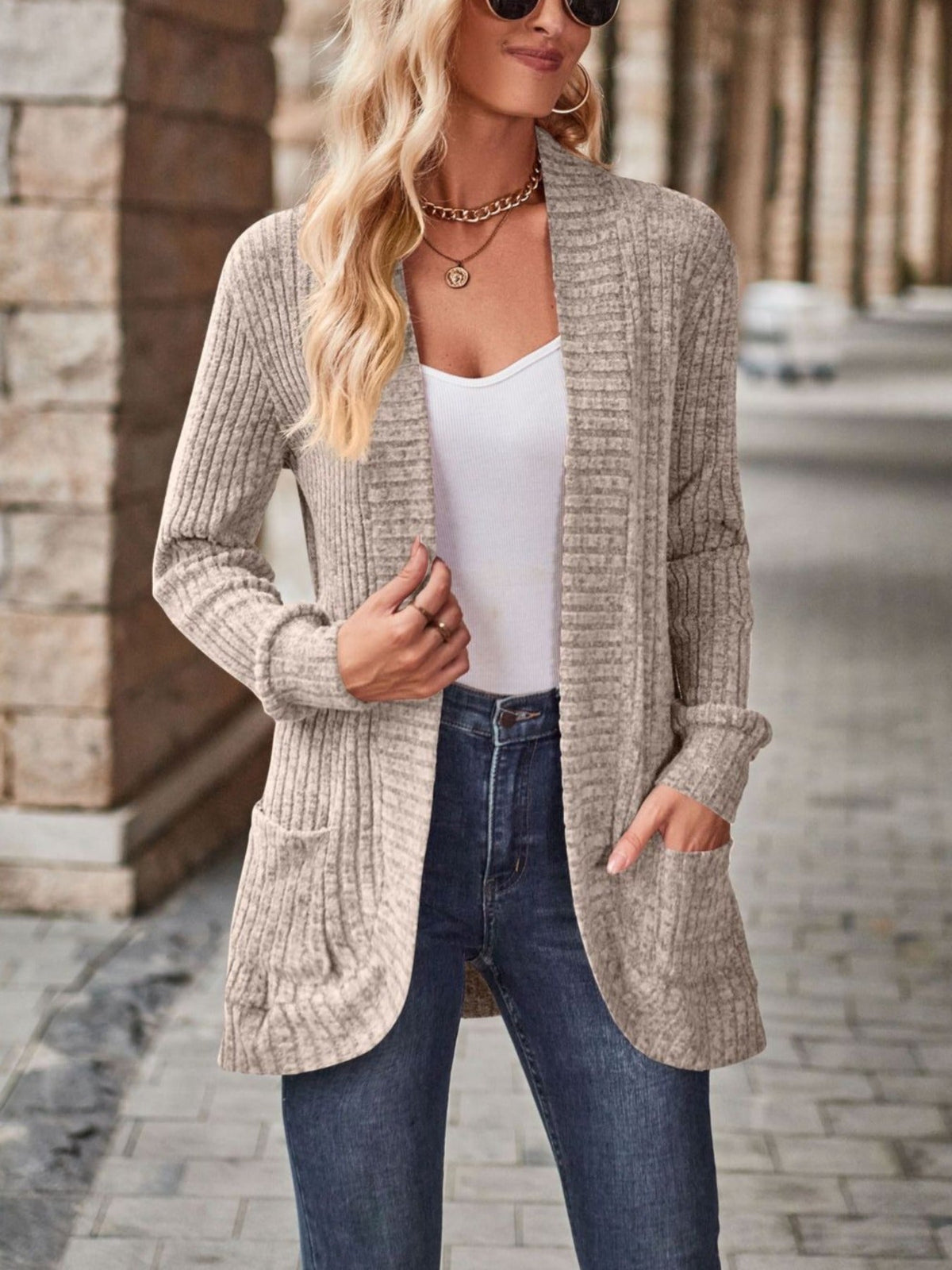 Loose Fit Long Sleeve Open Collar Casual Blouse with Side Pockets