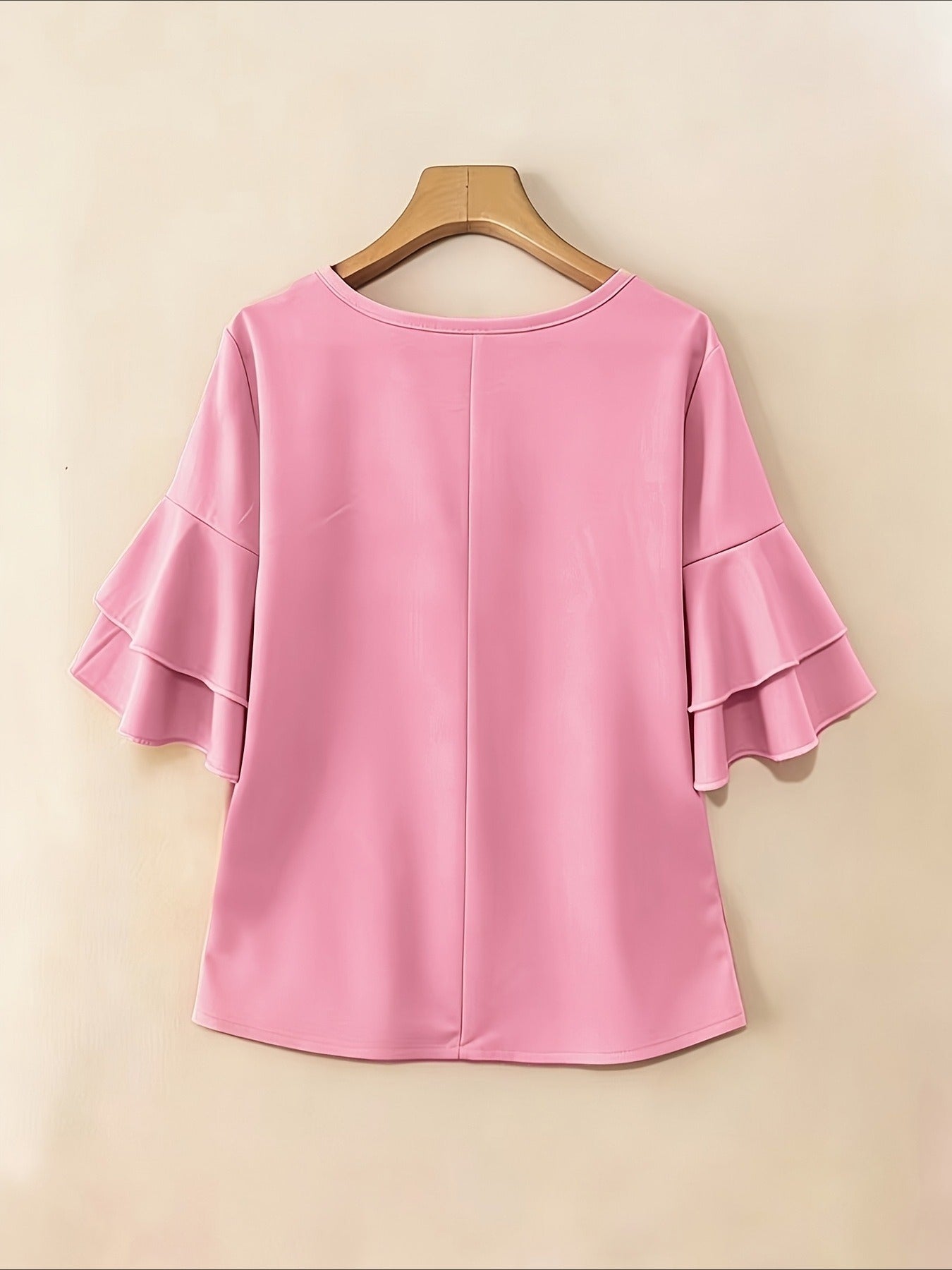 Elegant Fashion Summer Loose Solid Round Neck Button-Up Shirt Flared Sleeve Ruffle Top