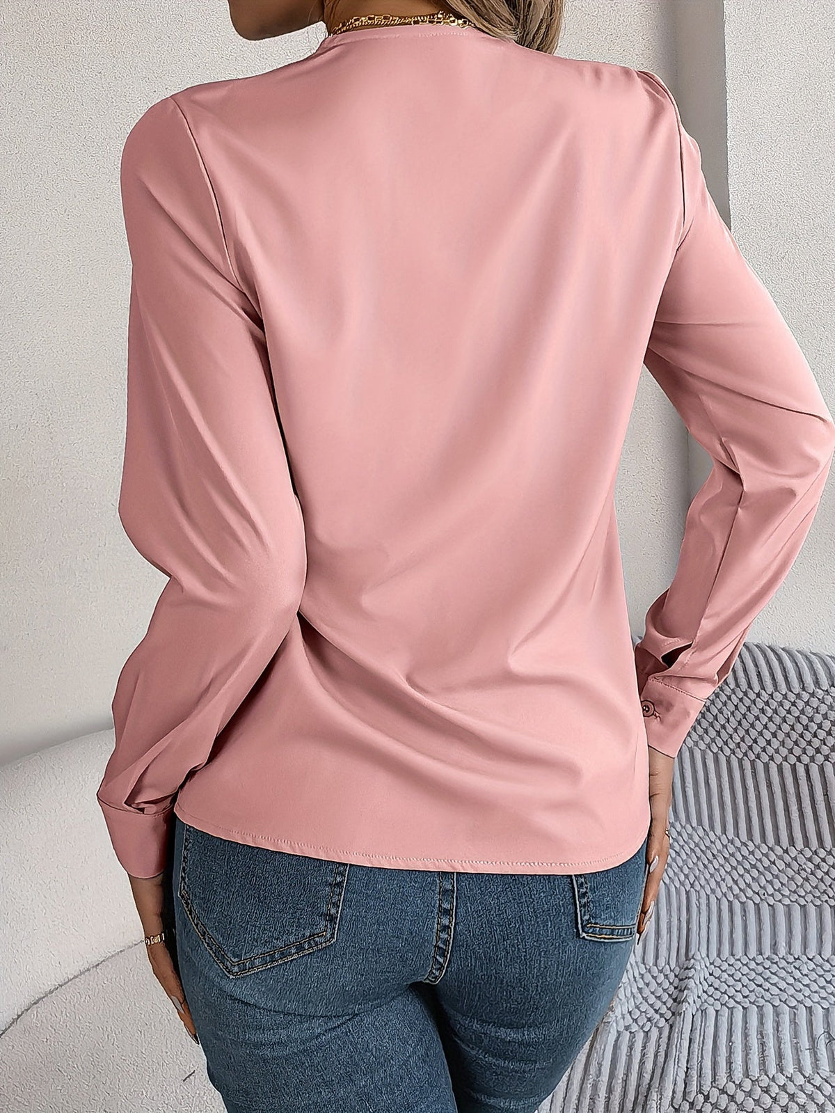Solid Color V Neck Blouse, Elegant Long Sleeve Blouse
