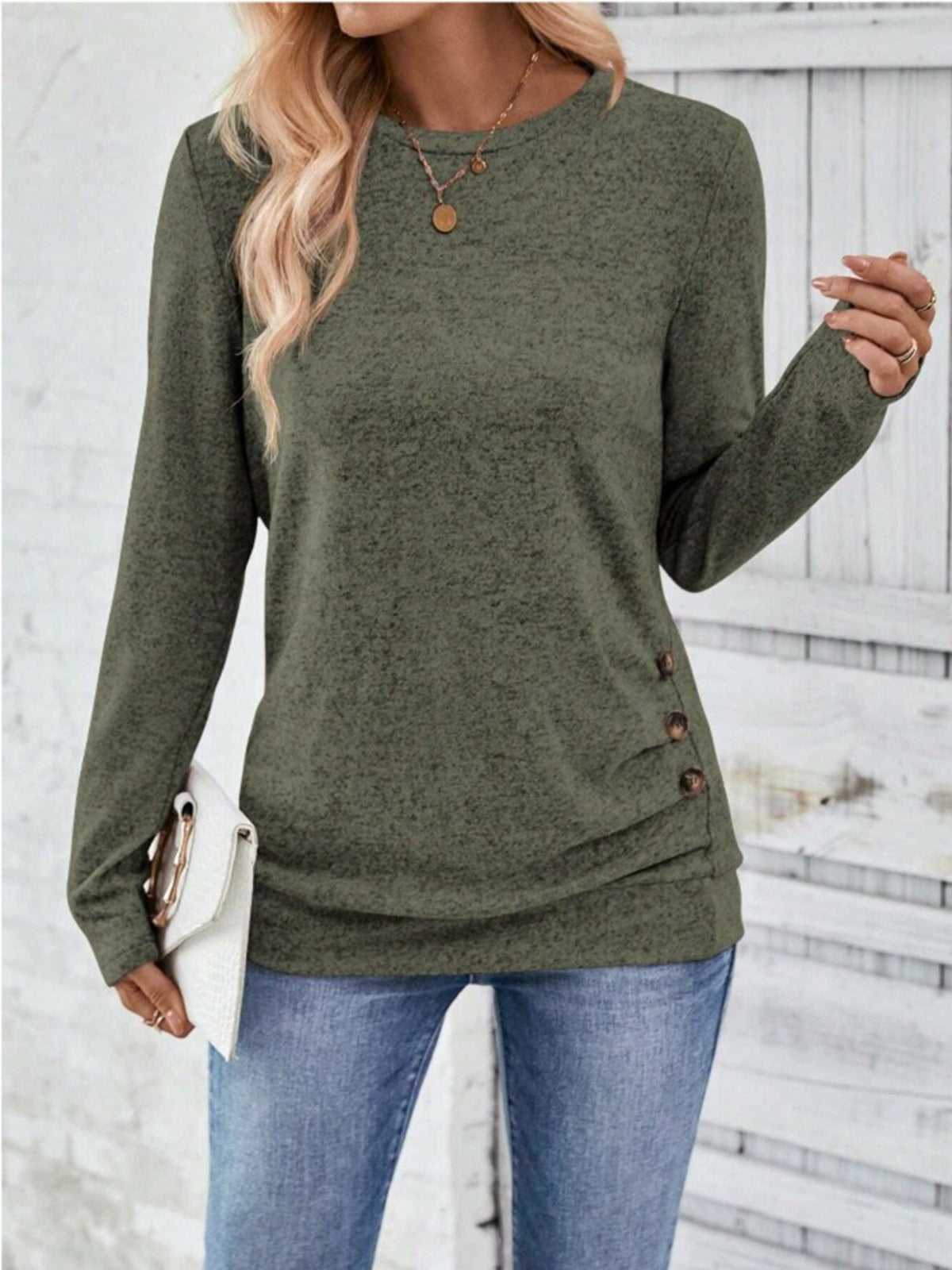 Button Decor Ruched T-Shirt, Casual Long Sleeve Top