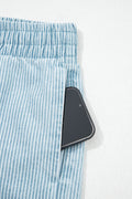 Sky Blue Stripe Plus Size Contrast Drawstring Elastic Waist Denim Shorts