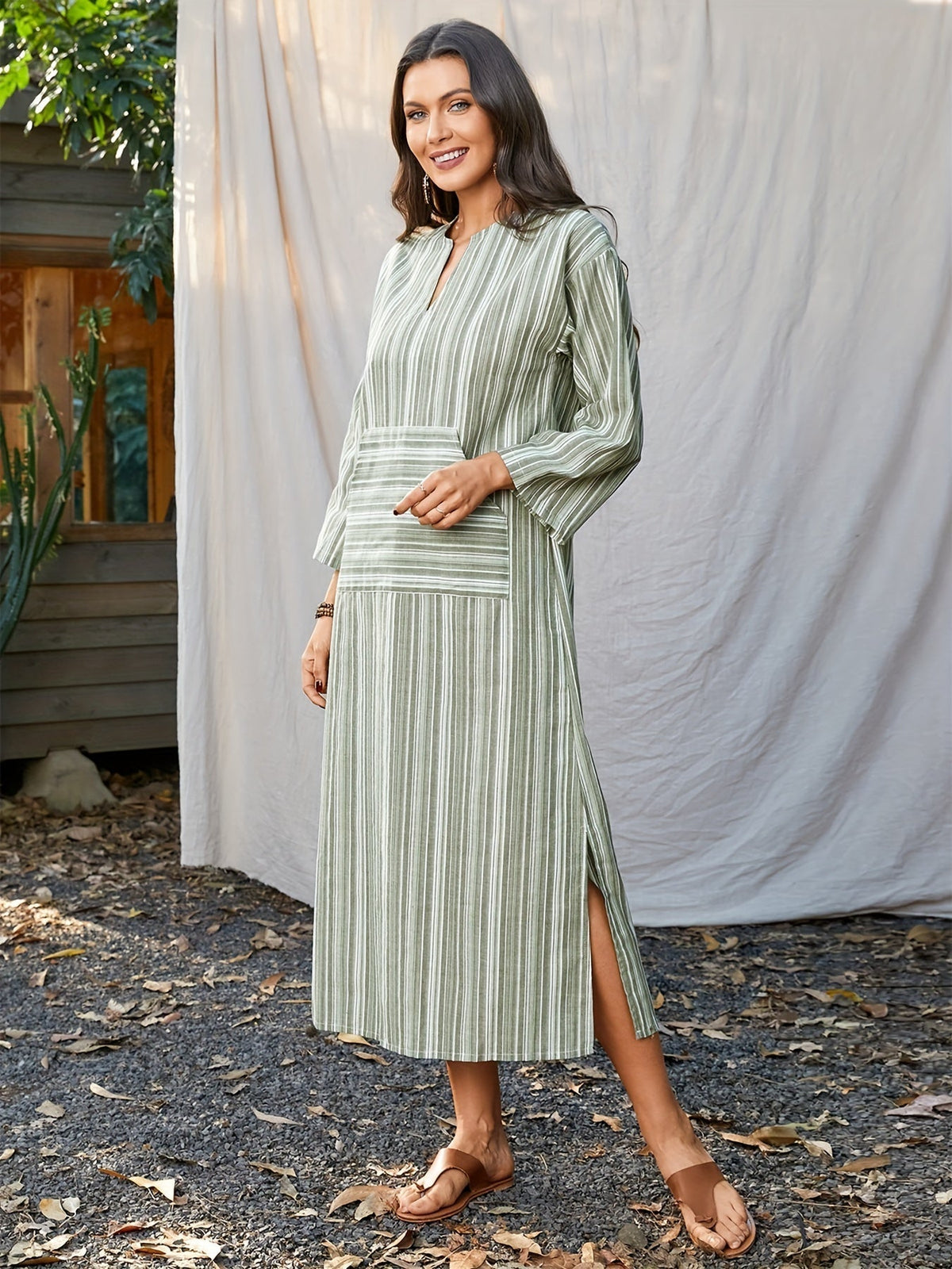 Striped Print Long Sleeve Dress - Relaxed Casual Style with Notch Neck