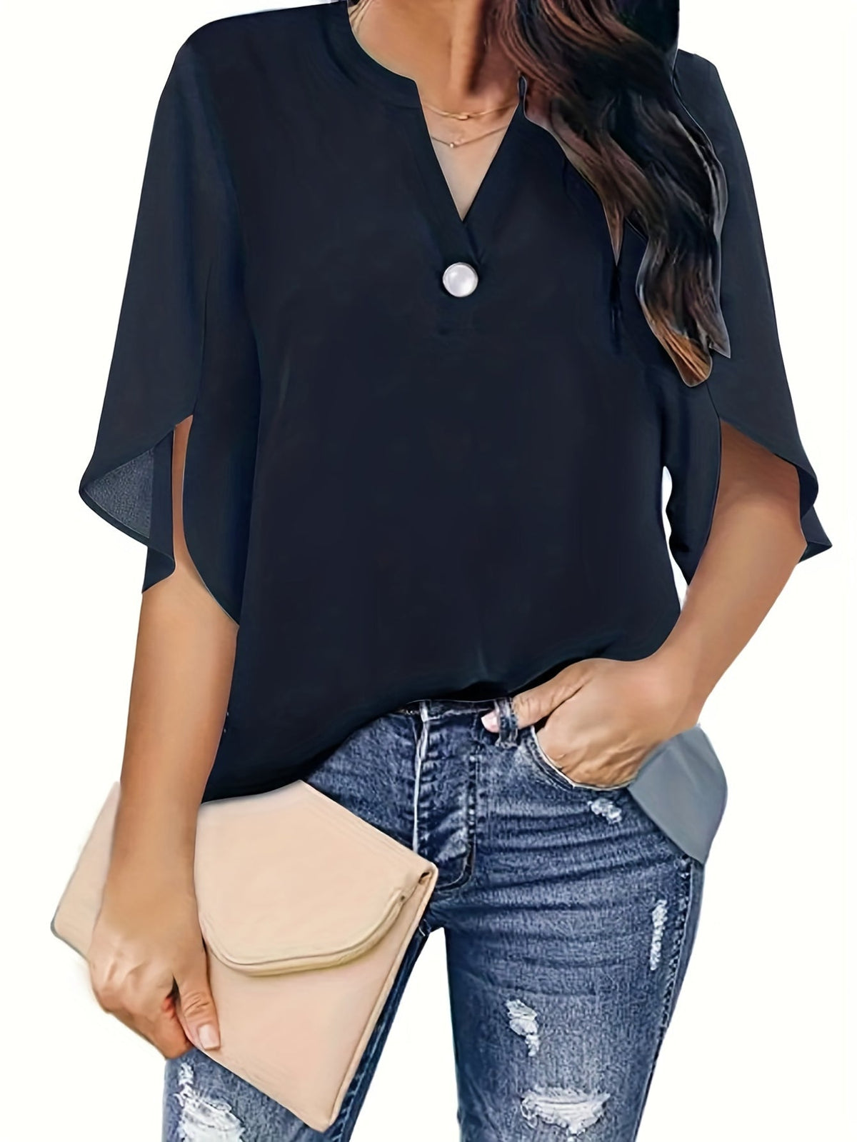 Elegant Top, Women's Plain Button Decor Half Sleeve V Neck Slight Stretch T-shirt