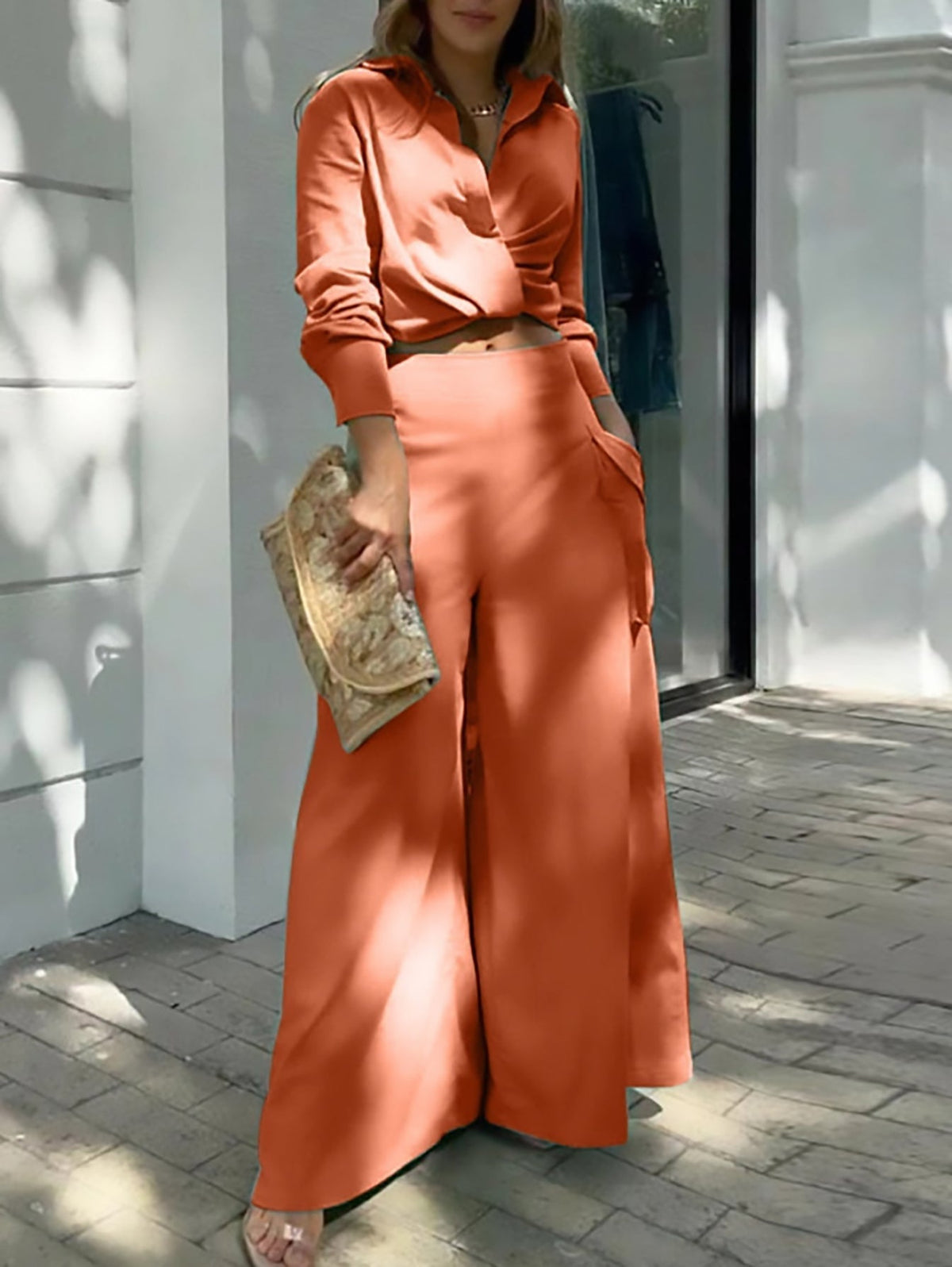 Women's Spring & Fall Loose Two-piece Set, Elegant Solid High Waist Pants And Long Sleeve Top