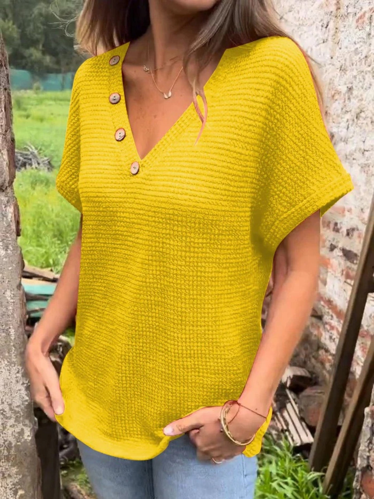 Elegant V-Neck Solid Waffle Tunic - Versatile Short Sleeve Women's Top