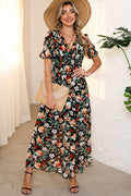 Black Fiery Floral Print Frilled V Neck Short Sleeve Maxi Dress