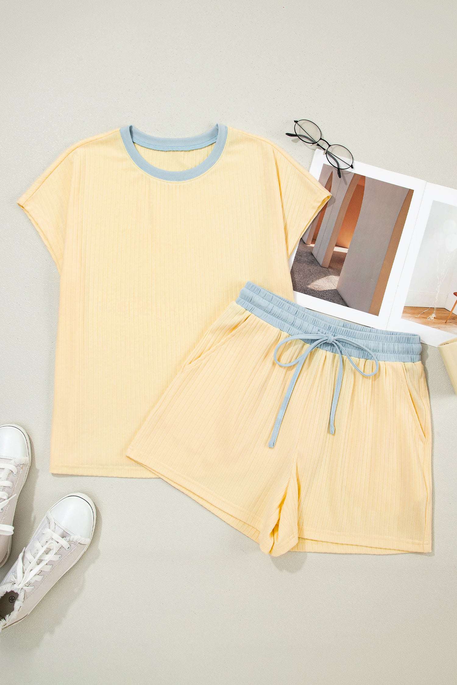Yellow Cream Soft Ribbed Color Block Trim Casual Short Set