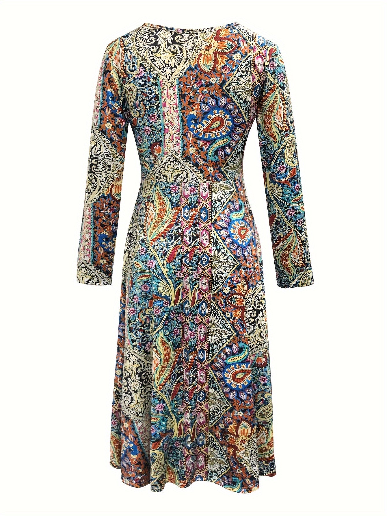 Vintage Round Neck Knit Dress with Waist Tie, Polyester & Elastane