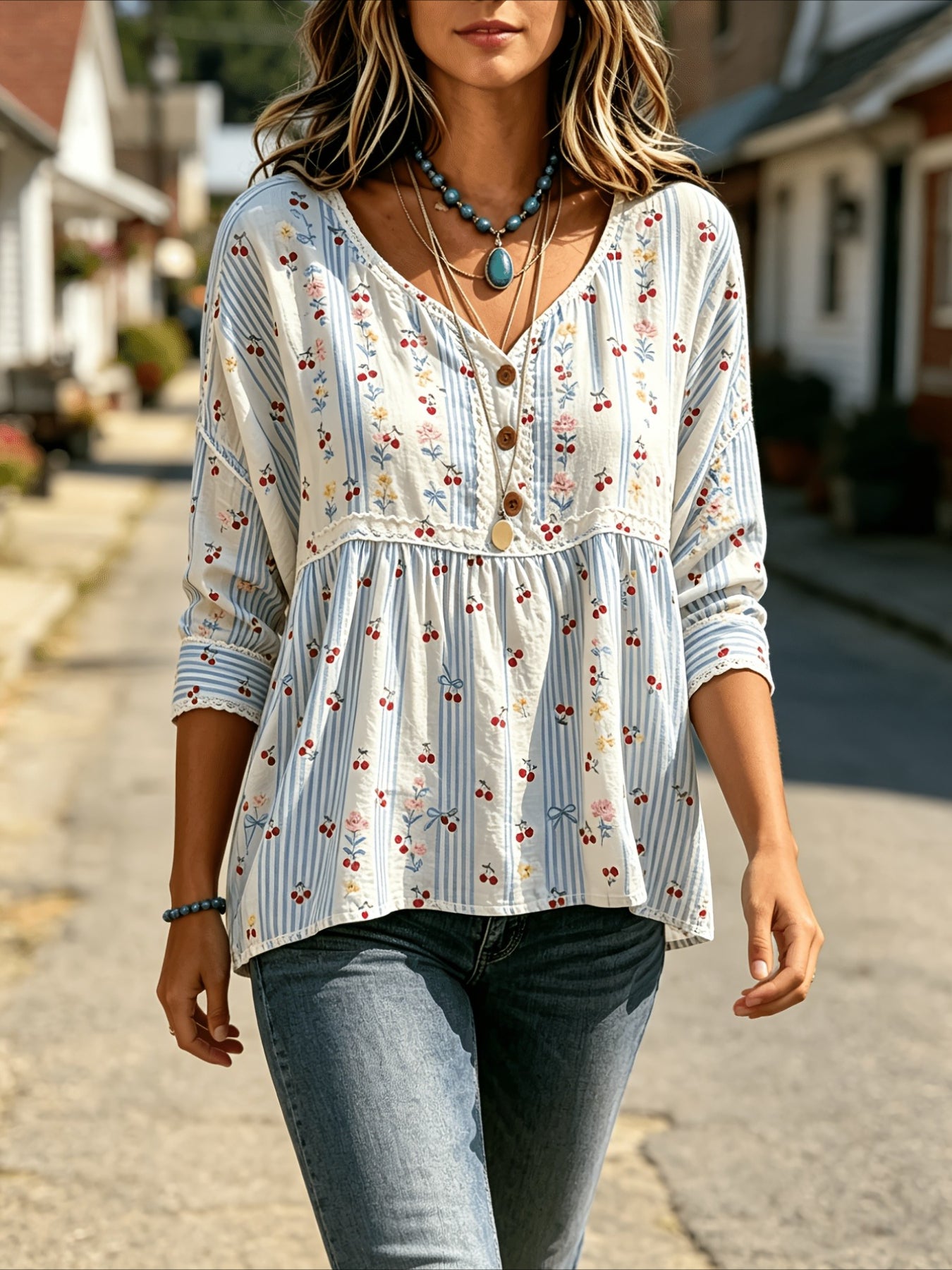 Floral Print 3/4 Sleeve V-Neck Three-Button Front Babydoll Blouse