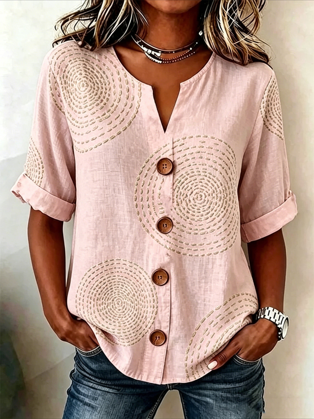 Geometric Print Loose Stand Collar Simple Linen Blend Shirt