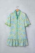 Sky Blue Botanical Floral Print Frilled Trim V Neck Button Front Loose Dress