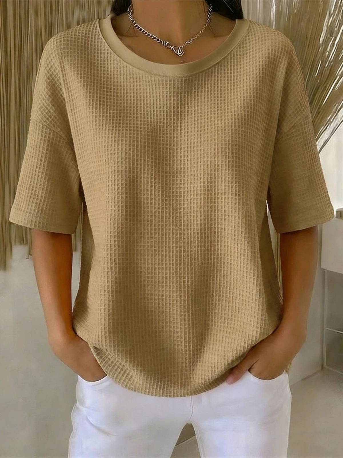 Waffle Solid Color Classic Modern Casual Short Sleeve Crew Neck Regular Tops