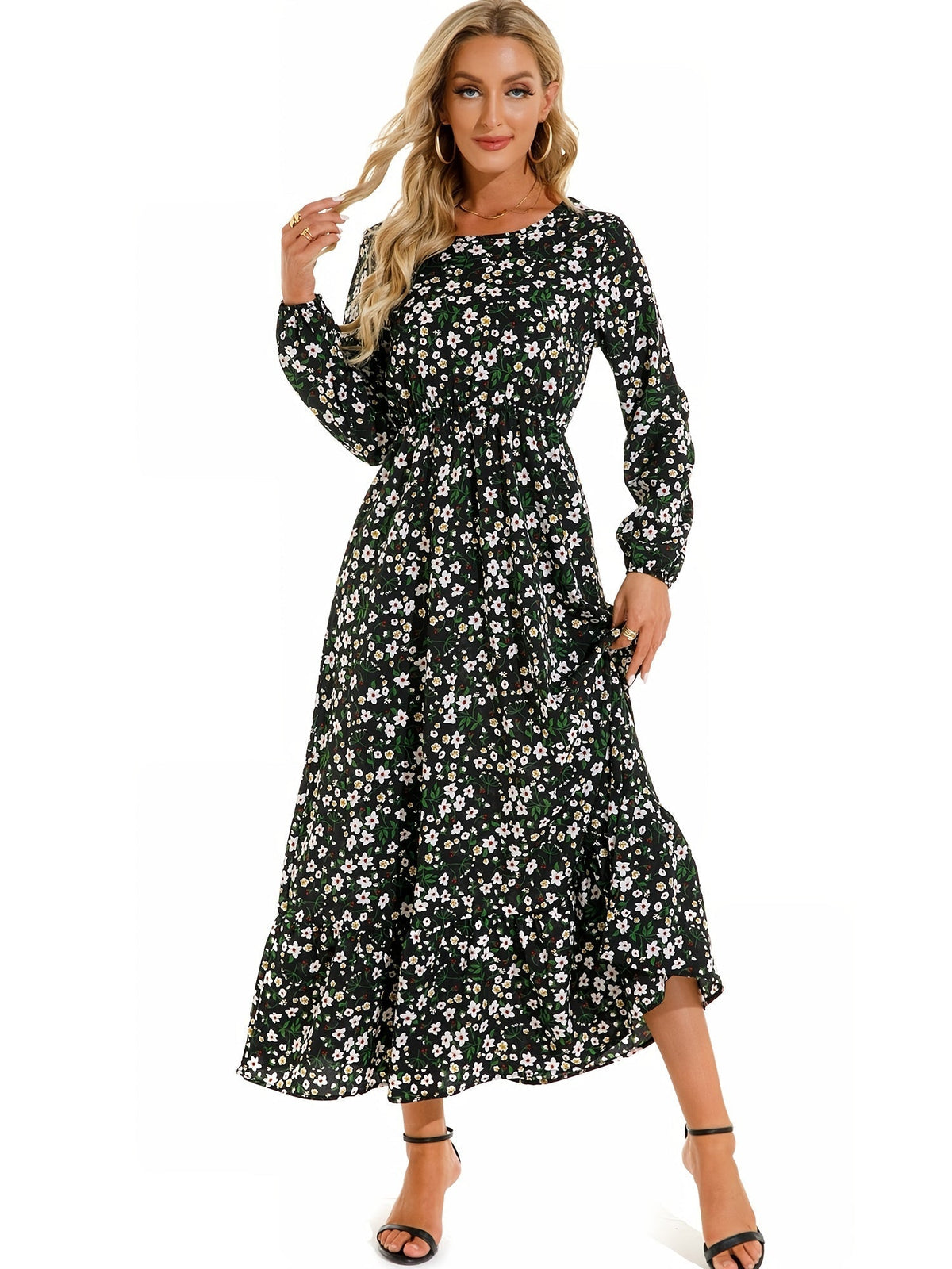 Bohemian Flowy Ruffle Long Dress, Casual Floral Print Long Sleeve Crew Neck Waist Long Dresses