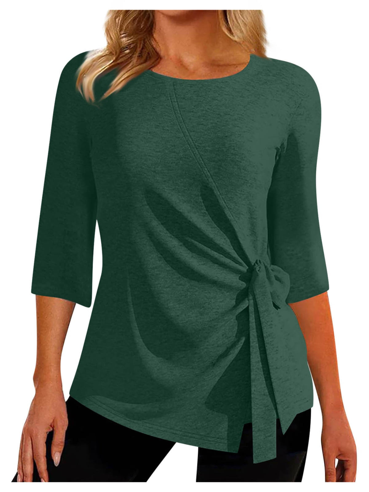 Solid Ruched Tie Front Top, Casual Three-quarter Sleeve Top