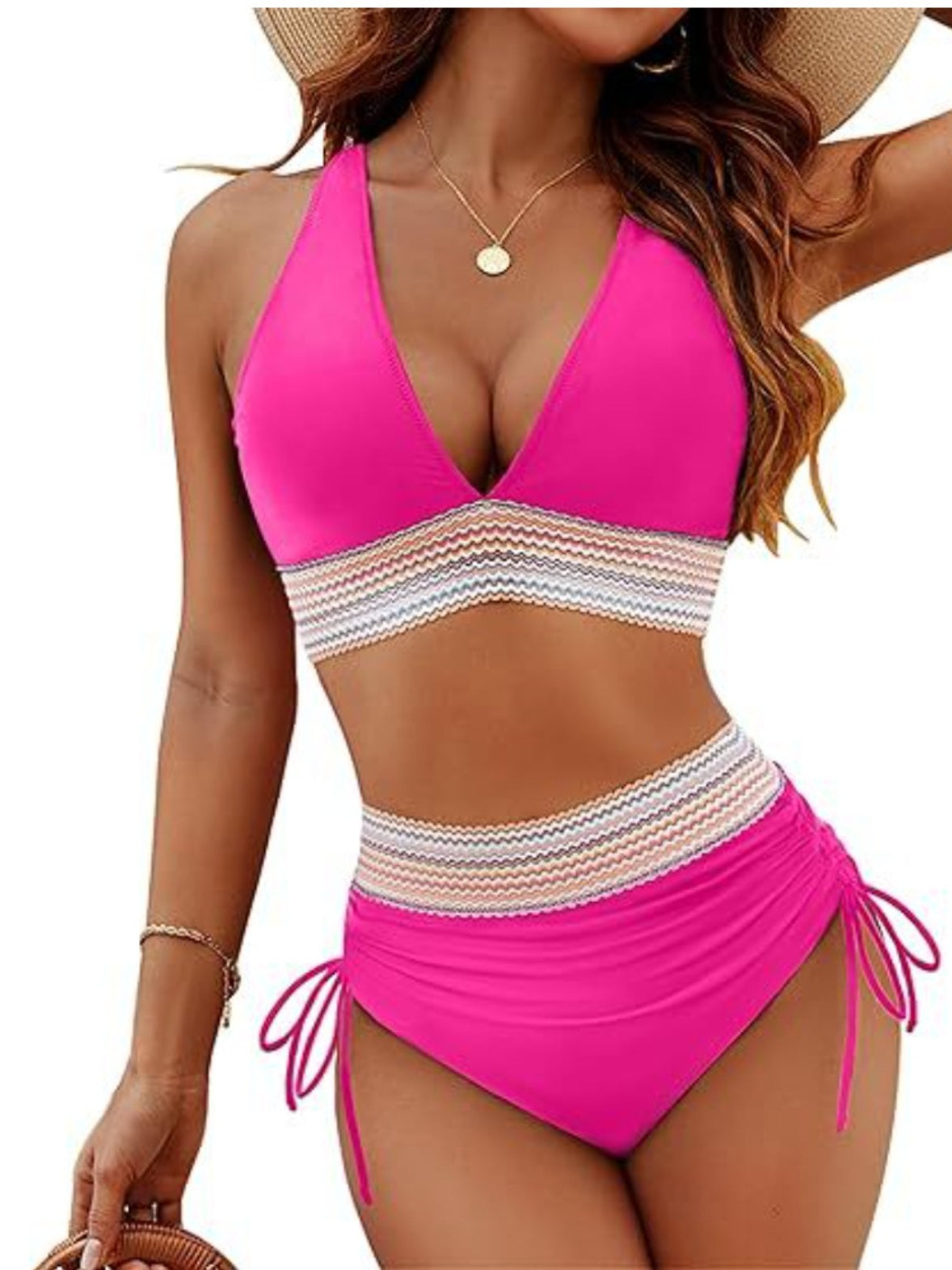 Women's High-Waisted Beachwear Set With Color Block Contrast Band Two-Piece Drawstring Swimwear