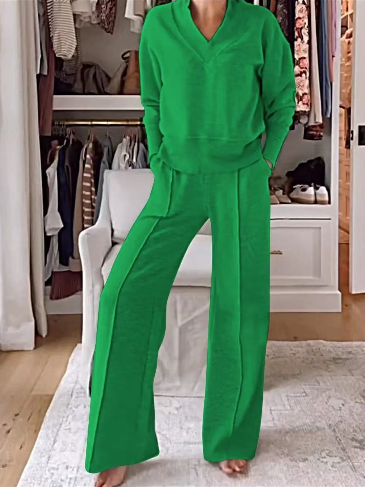 Split Joint Plain Daily Going Out Casual Spring/Fall Top With Pants Matching Two-Piece Set