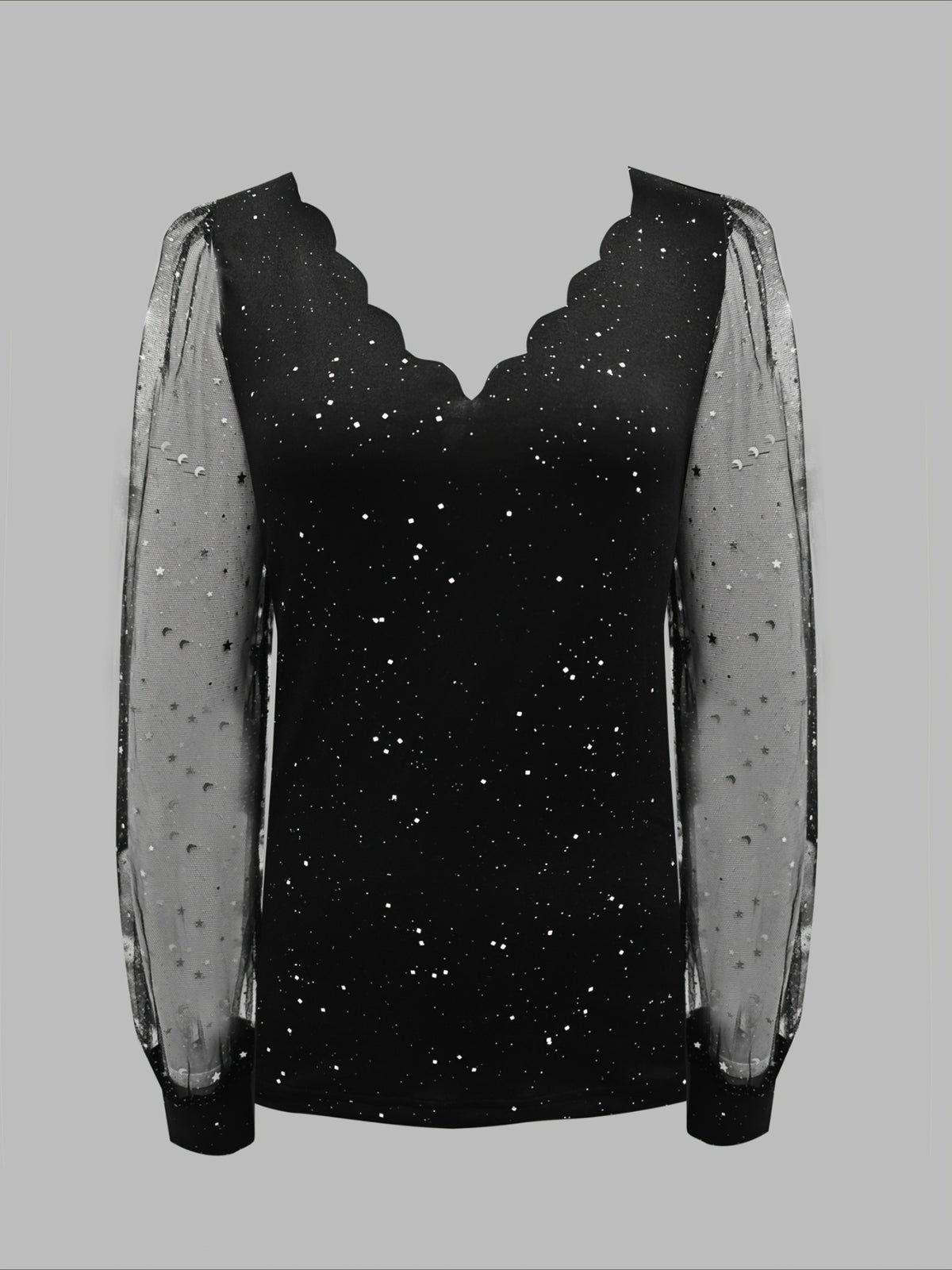 Sexy V-Neck Sequin Mesh Splicing Long Sleeve T-Shirt Casual Party Top