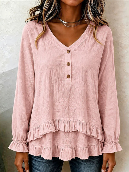 V-Neck Button Detail Long Sleeve Ruffle Hem Blouse