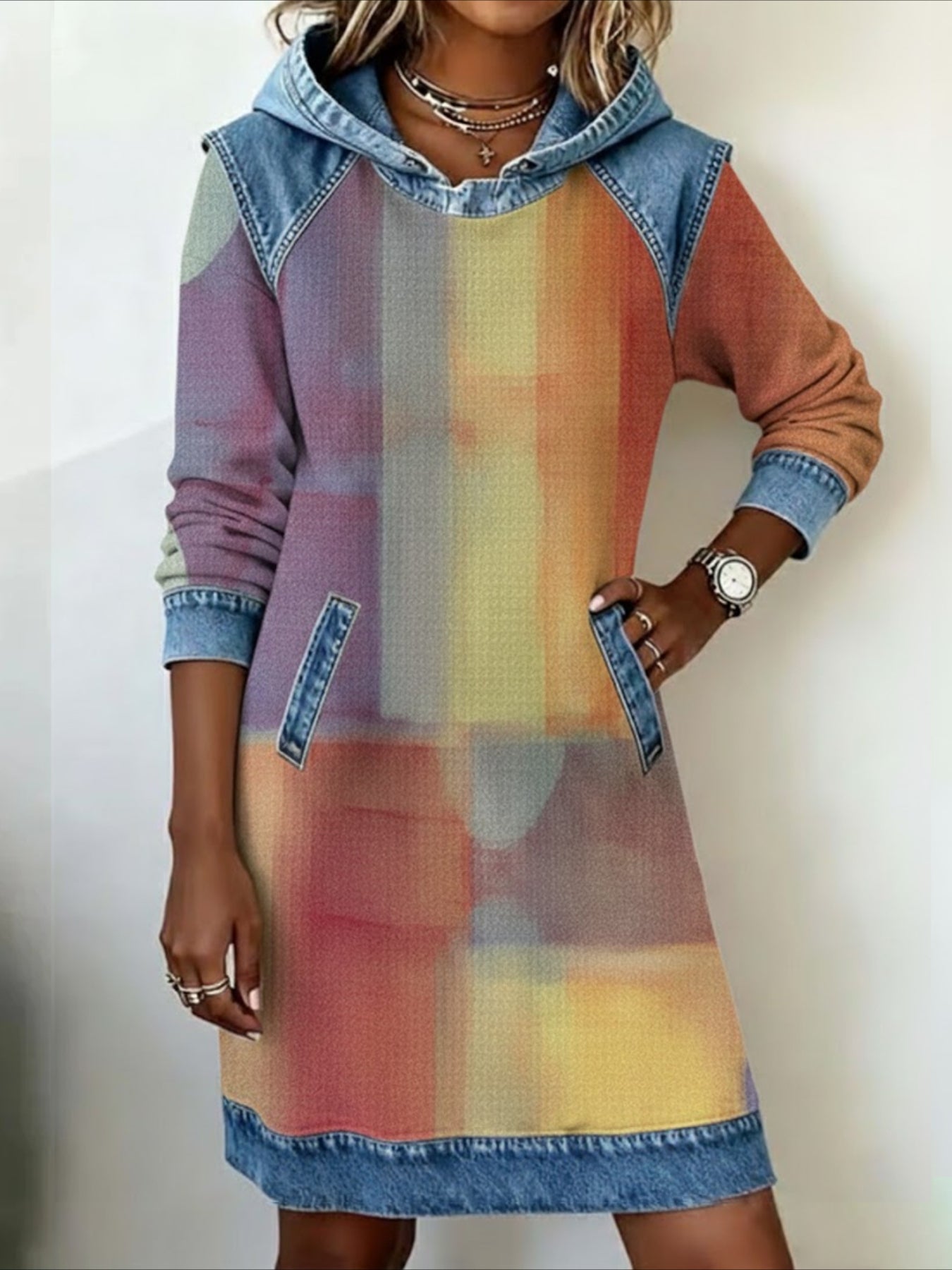 Denim Patchwork Abstract Long Sleeve Hoodie Printing Daily Vintage H-Line Spring/Fall Midi Dress