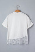 White Asymmetric Lace Hem Patchwork Tee
