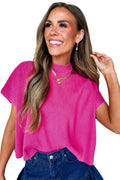 Bright Pink Solid Color Ribbed Knit Mock Neck Loose Short Sleeve Sweater