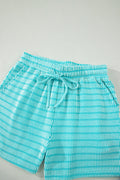 Sky Blue Stripe Raised Rib Loose Tee Drawstring Elastic Waist 2pcs Short Set