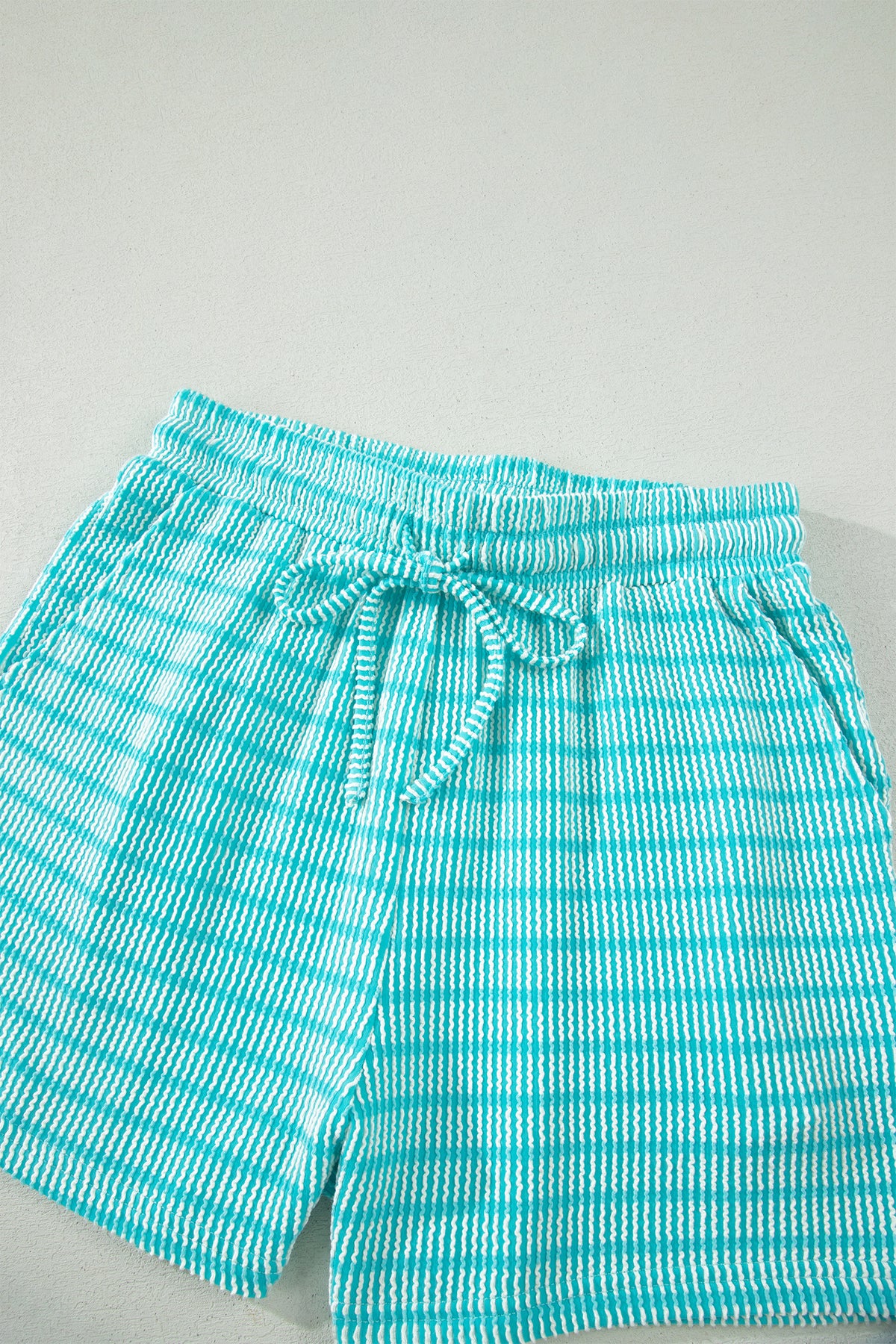 Sky Blue Stripe Raised Rib Loose Tee Drawstring Elastic Waist 2pcs Short Set